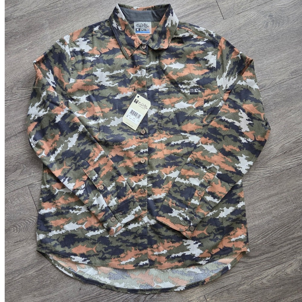 Salt Life SLX Flannel Men Medium Army Camo NWT UPF 30 Performance Shirt SLJ3005